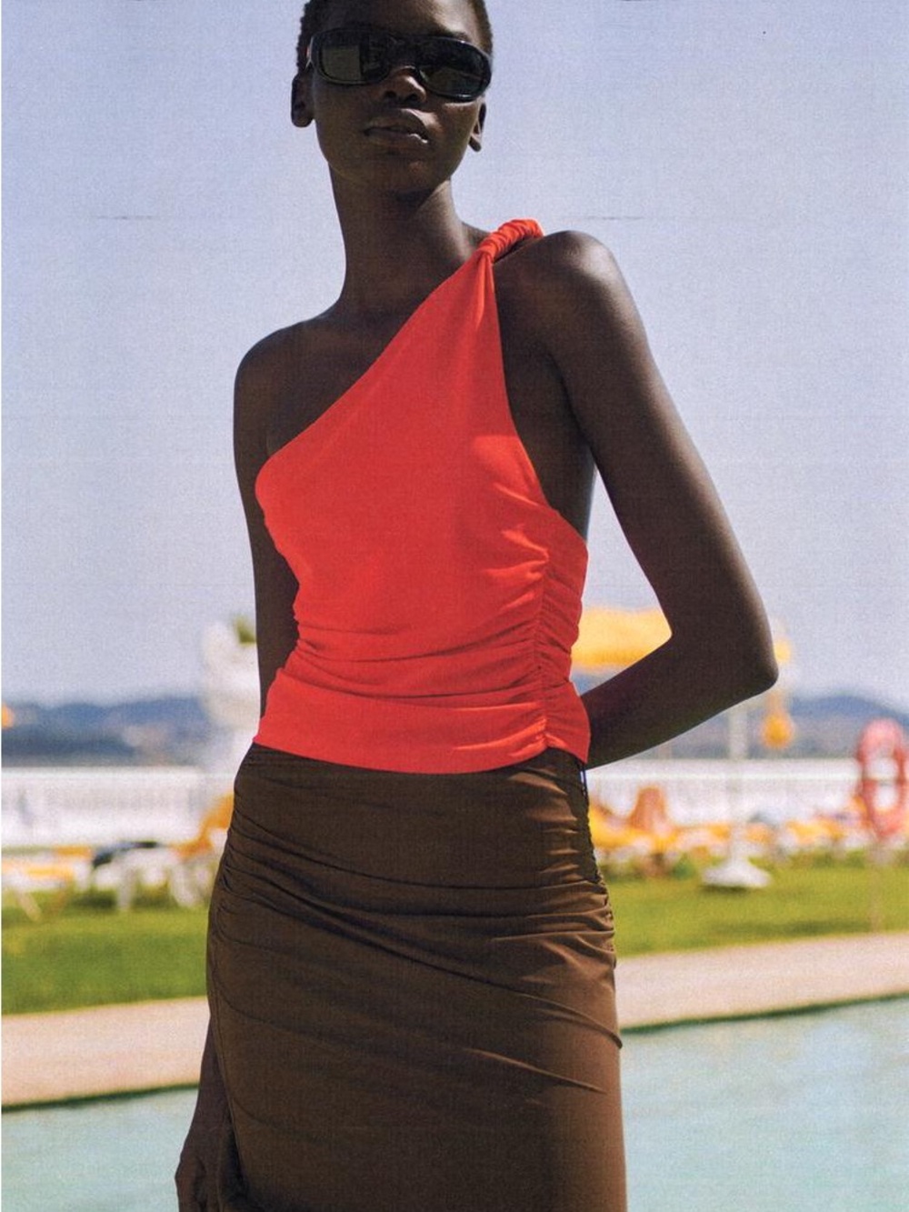 Zara Asymmetric Draped One-Shoulder Red Ruched Tank Top